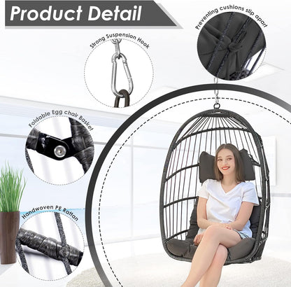 Foldable Hanging Egg Swing Chair No Stand, Indoor Outdoor Wicker Basket Chair with Comfy Cushion, 350Lbs Durable Portable Hanging Hammock Seat for Bedroom Patio Porch Balcony, Dark Grey