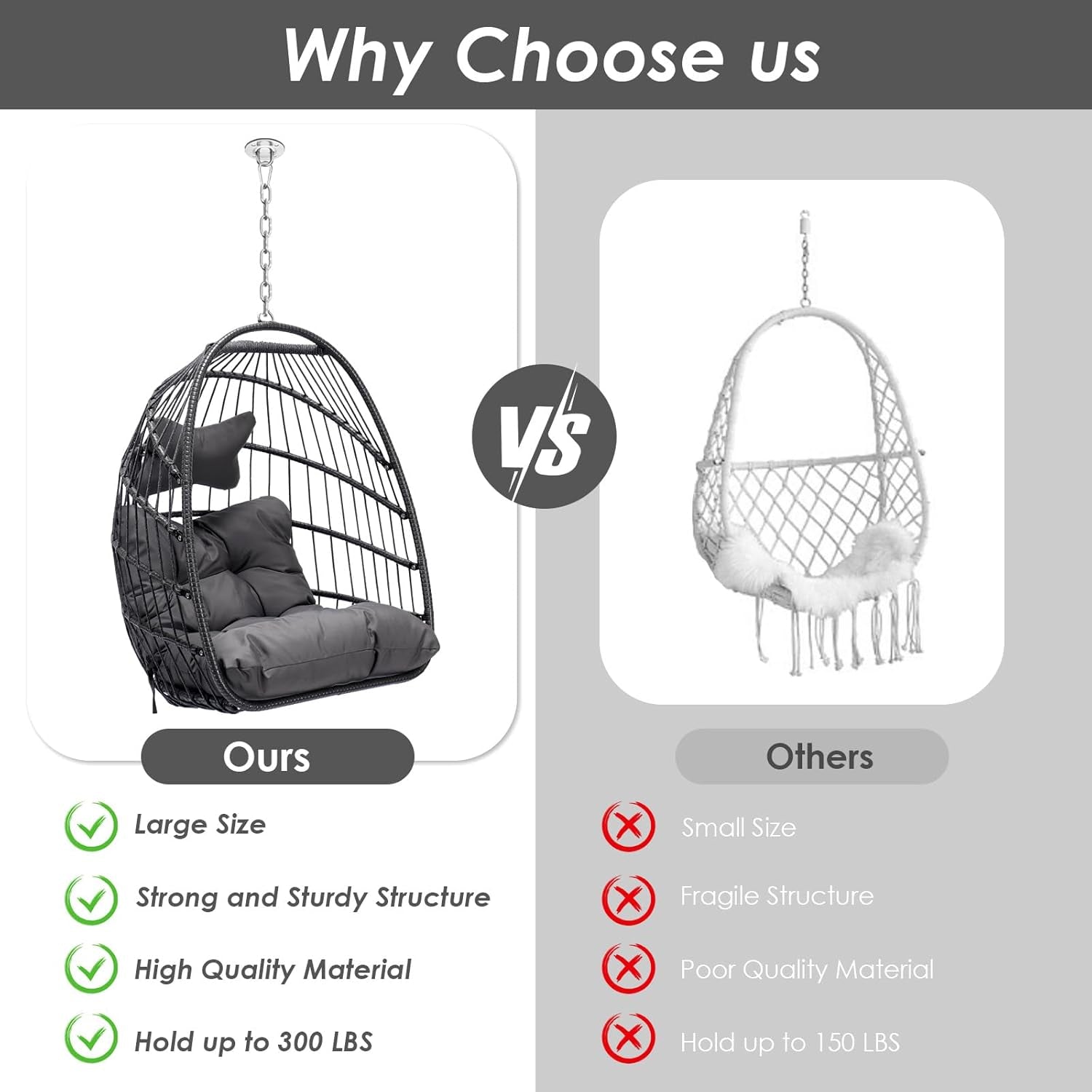Foldable Hanging Egg Swing Chair No Stand, Indoor Outdoor Wicker Basket Chair with Comfy Cushion, 350Lbs Durable Portable Hanging Hammock Seat for Bedroom Patio Porch Balcony, Dark Grey