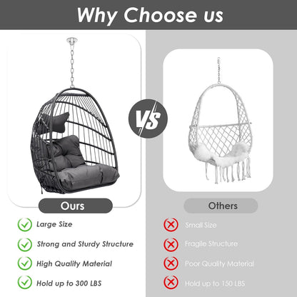 Foldable Hanging Egg Swing Chair No Stand, Indoor Outdoor Wicker Basket Chair with Comfy Cushion, 350Lbs Durable Portable Hanging Hammock Seat for Bedroom Patio Porch Balcony, Dark Grey