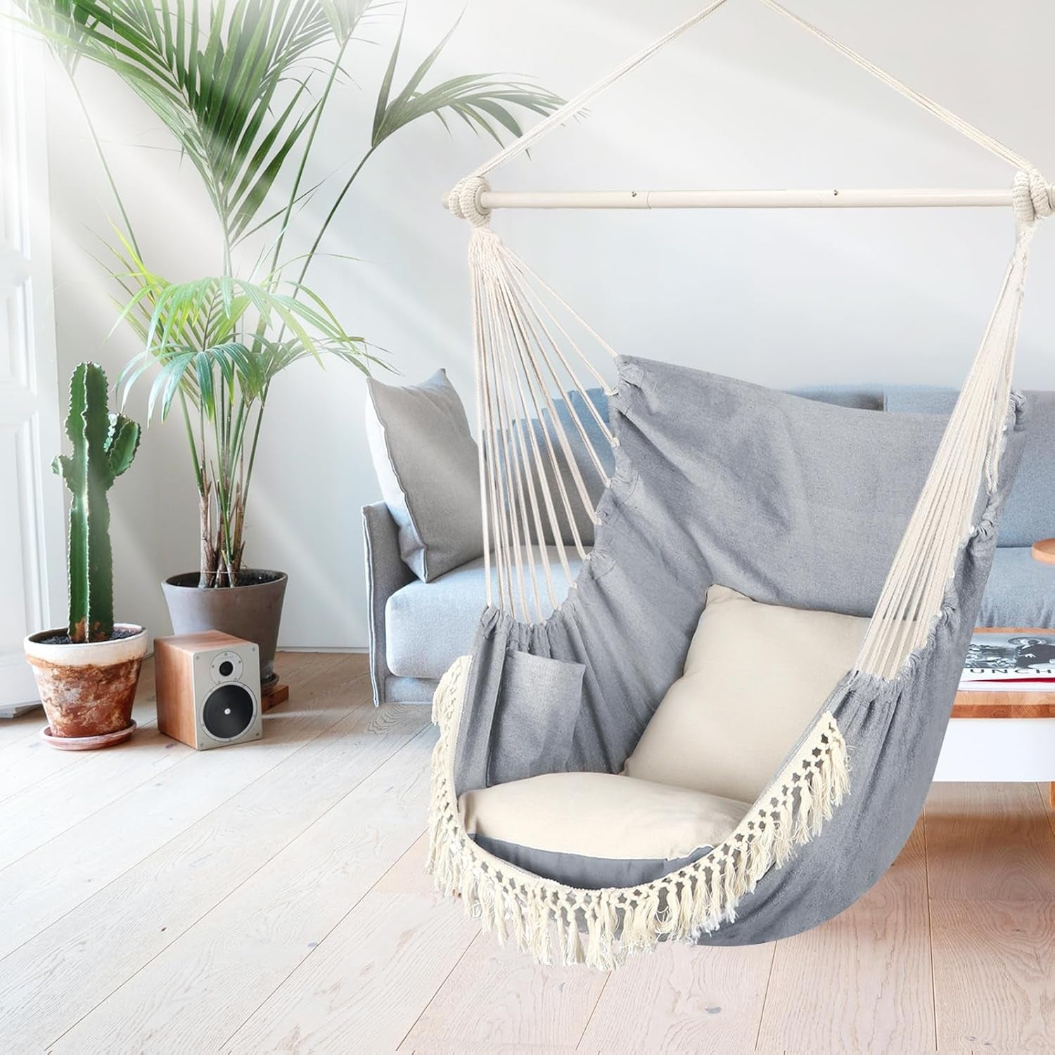Hammock Chair Hanging Swing Max 500 Lbs 2 Cushions Included Metal Spreader Bar with Anti-Slip Grooves Portable Hanging Chair Side Pocket Large Macrame Bohemian Chair Indoor Outdoor