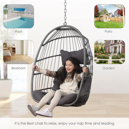 Foldable Hanging Egg Swing Chair No Stand, Indoor Outdoor Wicker Basket Chair with Comfy Cushion, 350Lbs Durable Portable Hanging Hammock Seat for Bedroom Patio Porch Balcony, Dark Grey