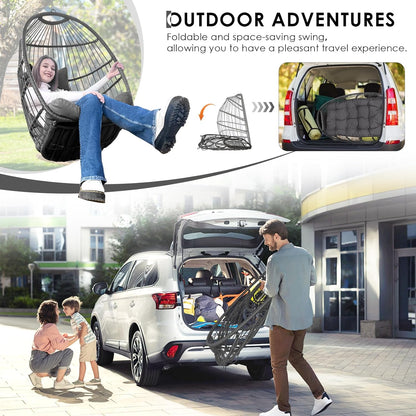 Foldable Hanging Egg Swing Chair No Stand, Indoor Outdoor Wicker Basket Chair with Comfy Cushion, 350Lbs Durable Portable Hanging Hammock Seat for Bedroom Patio Porch Balcony, Dark Grey