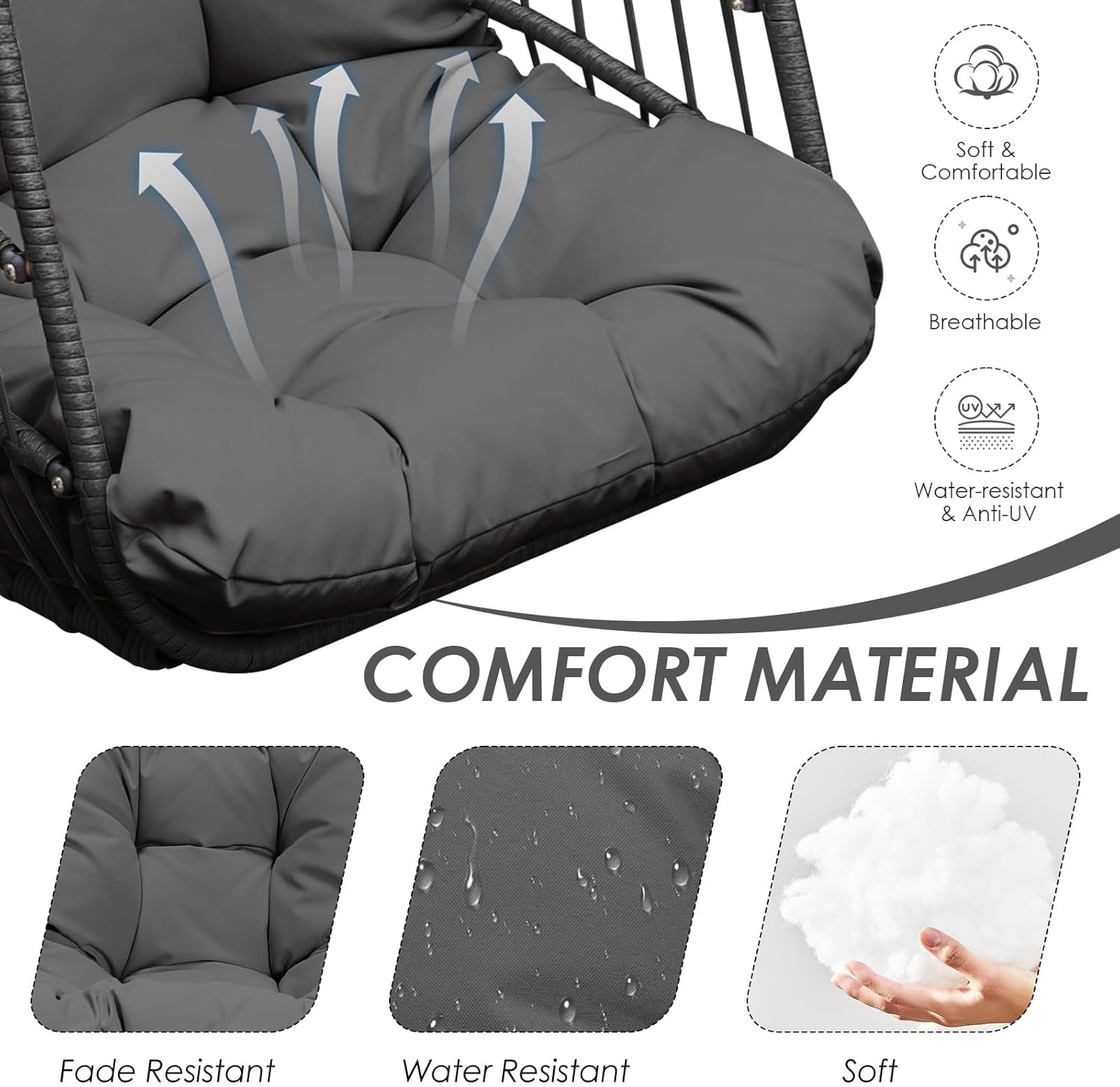 Foldable Hanging Egg Swing Chair No Stand, Indoor Outdoor Wicker Basket Chair with Comfy Cushion, 350Lbs Durable Portable Hanging Hammock Seat for Bedroom Patio Porch Balcony, Dark Grey