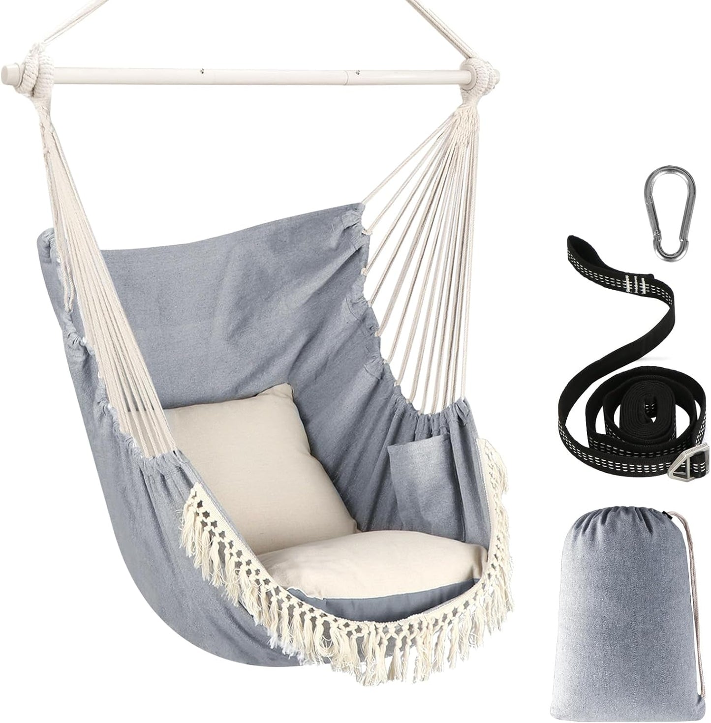 Hammock Chair Hanging Swing Max 500 Lbs 2 Cushions Included Metal Spreader Bar with Anti-Slip Grooves Portable Hanging Chair Side Pocket Large Macrame Bohemian Chair Indoor Outdoor
