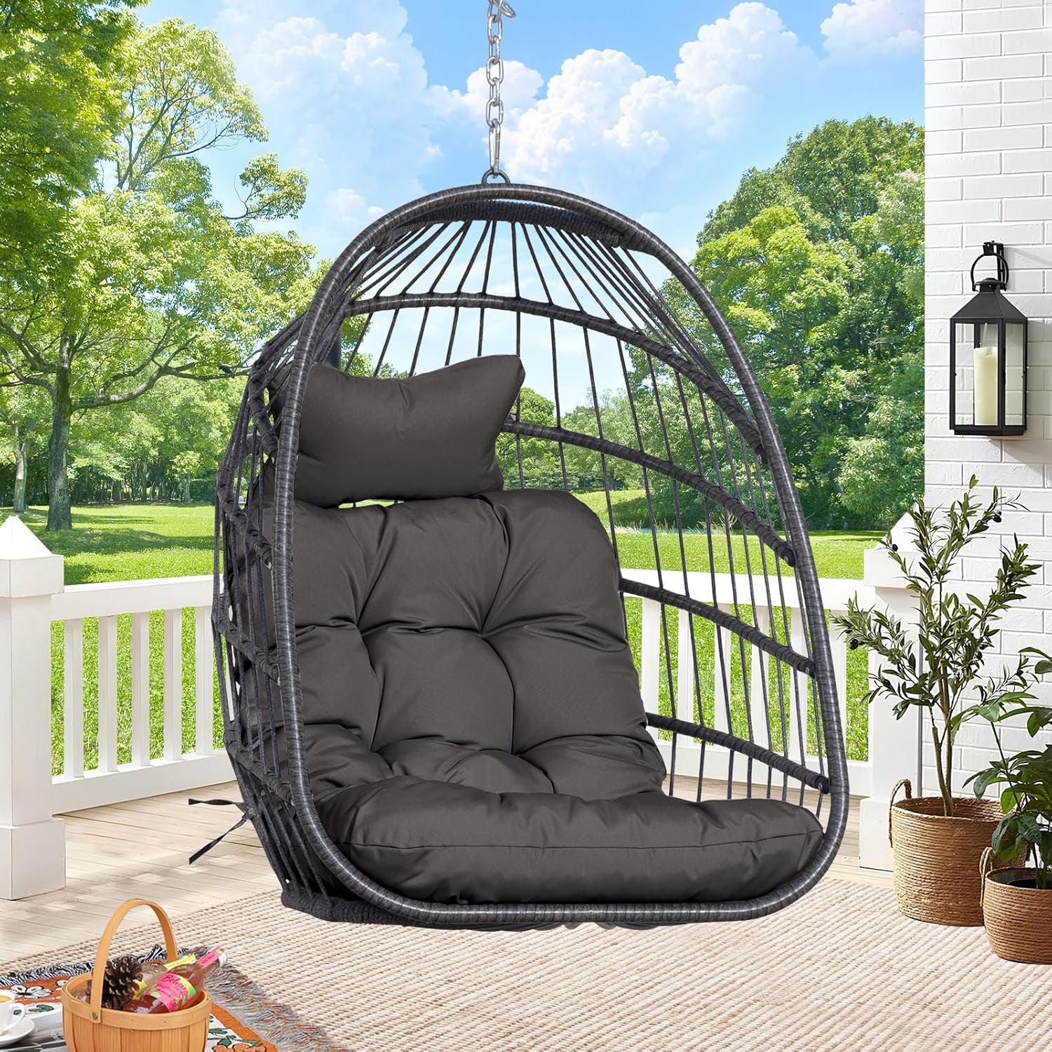 Foldable Hanging Egg Swing Chair No Stand, Indoor Outdoor Wicker Basket Chair with Comfy Cushion, 350Lbs Durable Portable Hanging Hammock Seat for Bedroom Patio Porch Balcony, Dark Grey