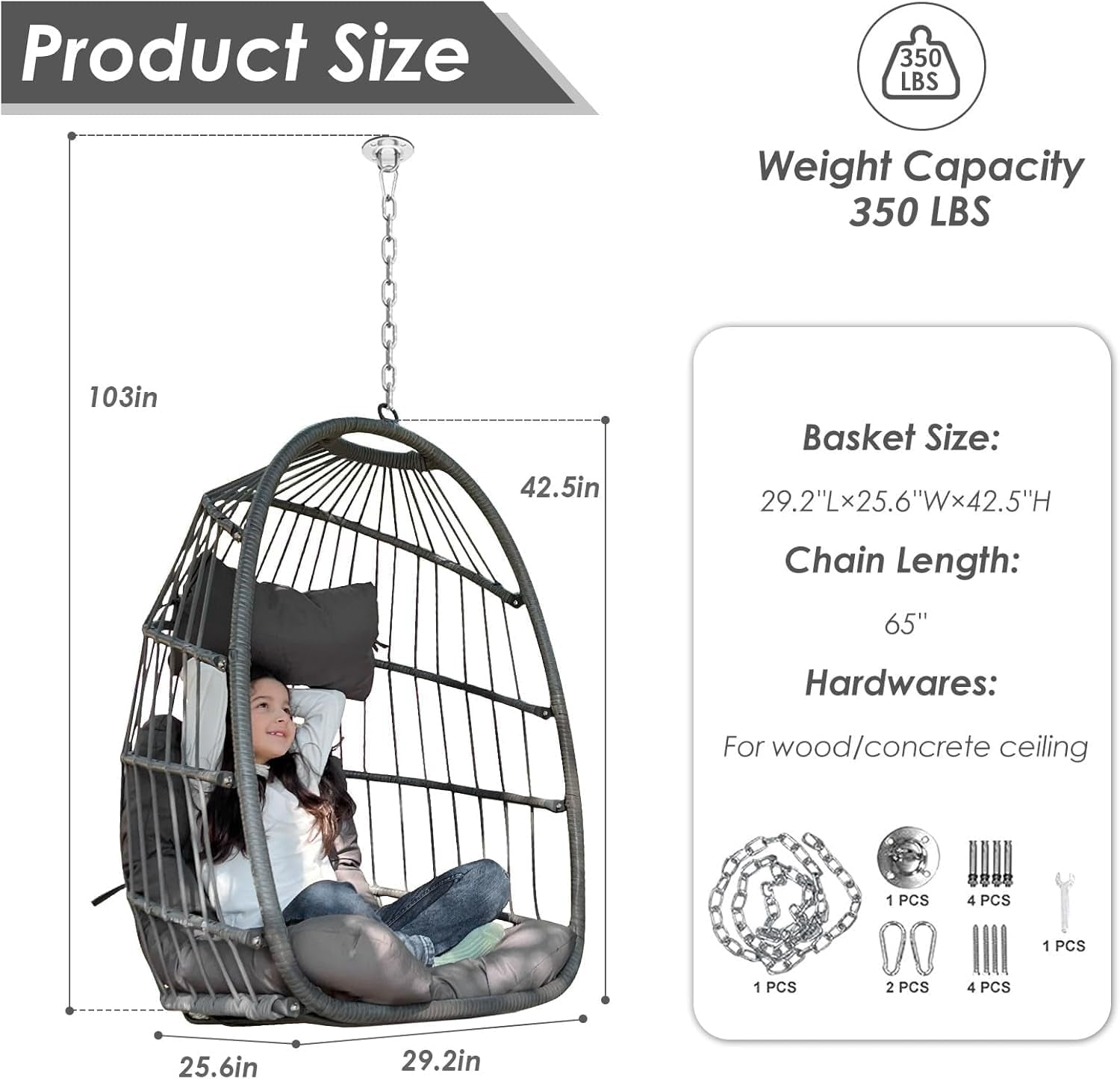 Foldable Hanging Egg Swing Chair No Stand, Indoor Outdoor Wicker Basket Chair with Comfy Cushion, 350Lbs Durable Portable Hanging Hammock Seat for Bedroom Patio Porch Balcony, Dark Grey