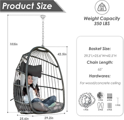 Foldable Hanging Egg Swing Chair No Stand, Indoor Outdoor Wicker Basket Chair with Comfy Cushion, 350Lbs Durable Portable Hanging Hammock Seat for Bedroom Patio Porch Balcony, Dark Grey