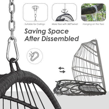Foldable Hanging Egg Swing Chair No Stand, Indoor Outdoor Wicker Basket Chair with Comfy Cushion, 350Lbs Durable Portable Hanging Hammock Seat for Bedroom Patio Porch Balcony, Dark Grey