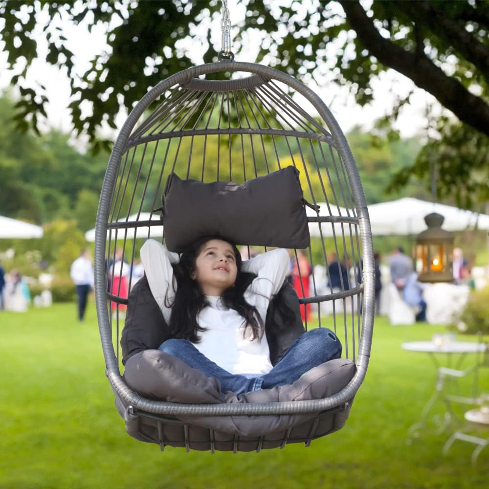Foldable Hanging Egg Swing Chair No Stand, Indoor Outdoor Wicker Basket Chair with Comfy Cushion, 350Lbs Durable Portable Hanging Hammock Seat for Bedroom Patio Porch Balcony, Dark Grey